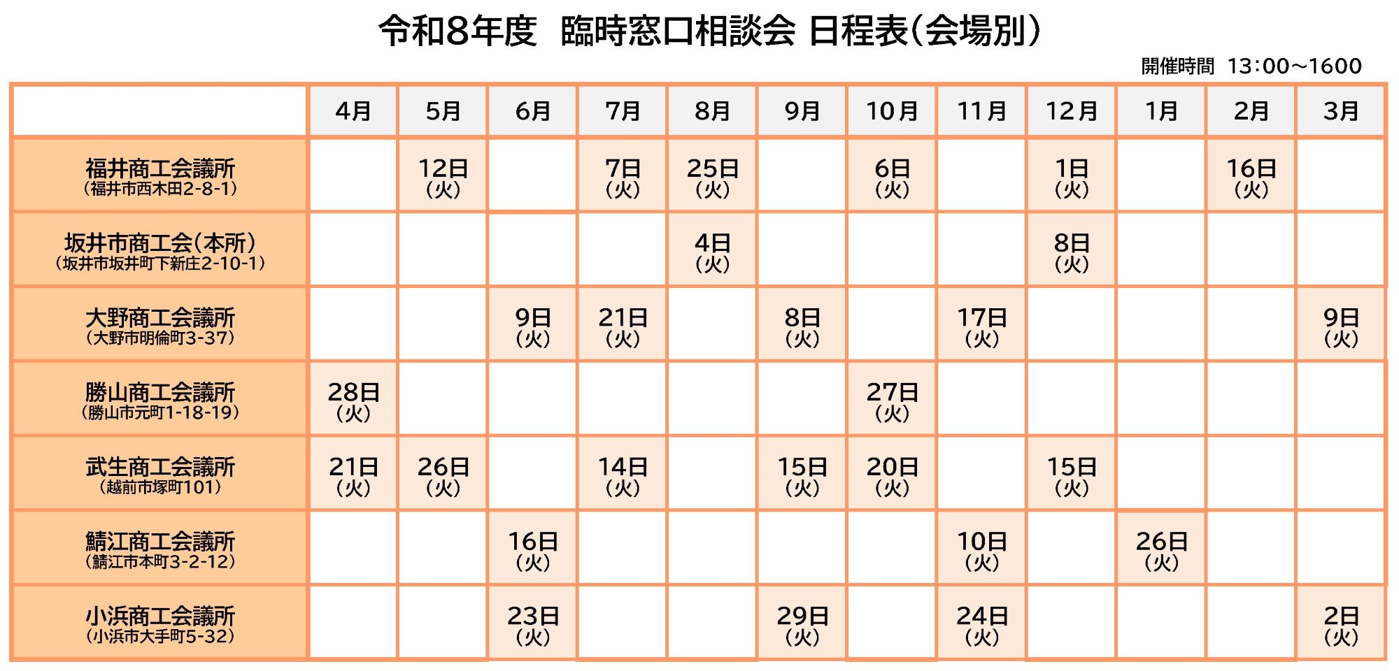 令和8年度臨時窓口相談会スケジュール