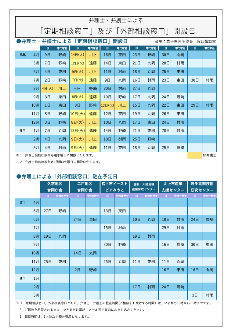令和8年知財窓口相談会日程表